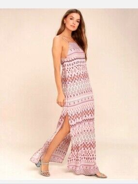 Lulus Mosaic Days Blush Pink Geometric Side Slit Print Maxi Dress Women's S